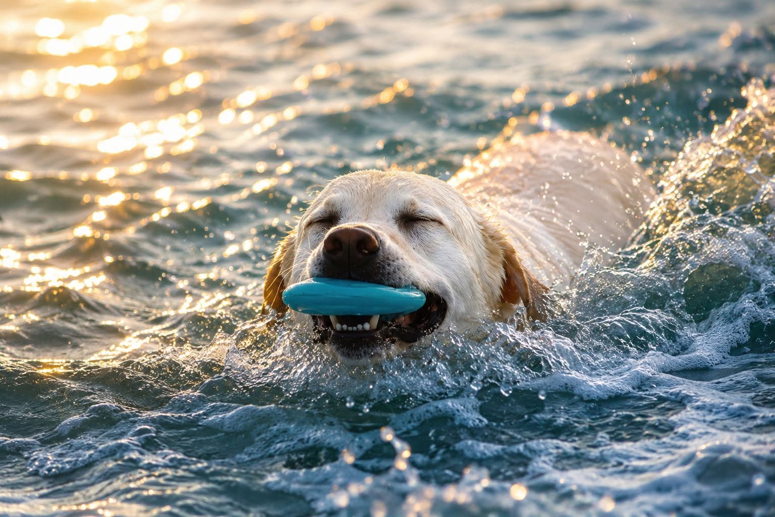 Happy dog swimming through ocean waves with a blue toy